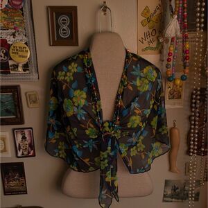 Vintage Floral Print Capelet Cover Up Women's Small Black Green Mesh Tied Sarong